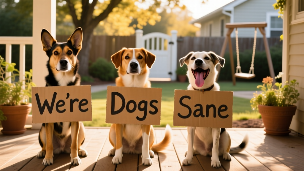 Three dogs sitting side-by-side, each holding a cardboard sign with one word: 'We’re', 'Dogs', 'Sane'
