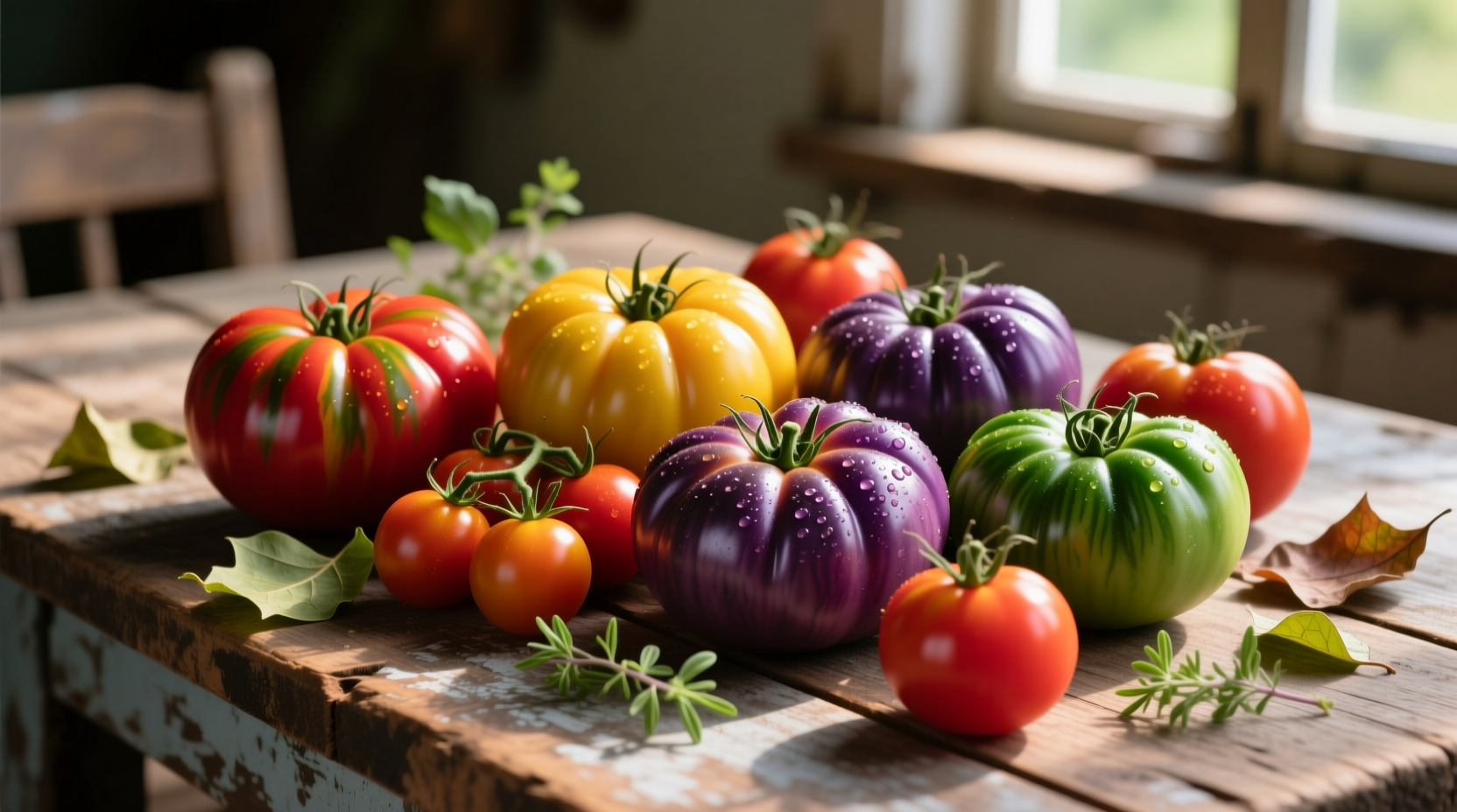 Colorful assortment of heirloom tomatoes on wooden table