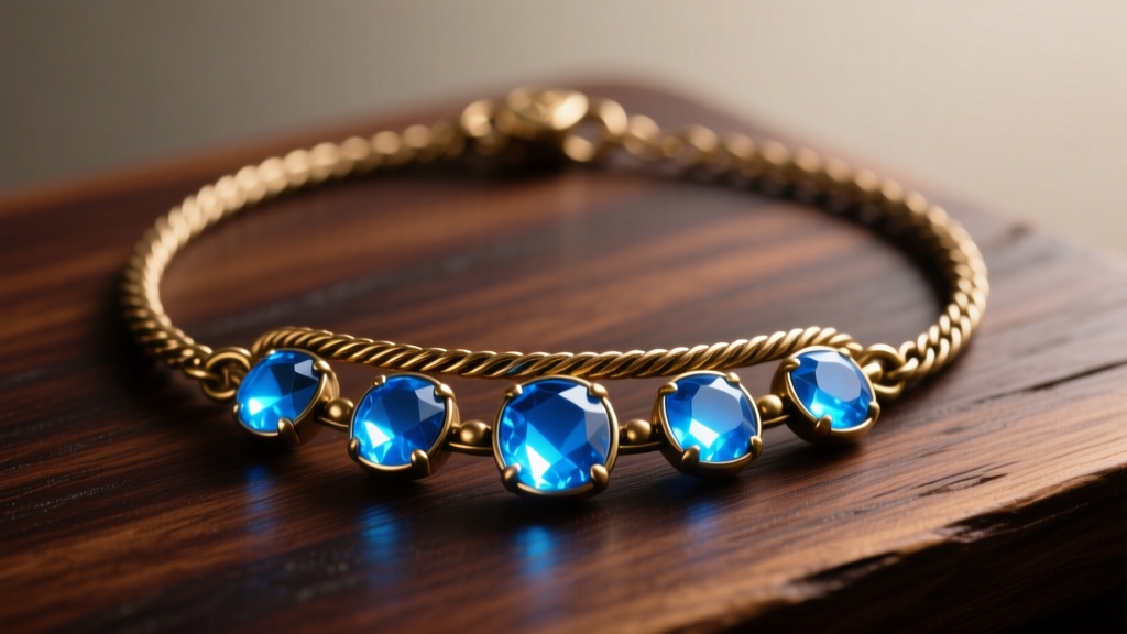 Brass replica of the Skills Necklace OSRS on dark oak, featuring glowing blue resin gems and a thick cable chain in warm light.