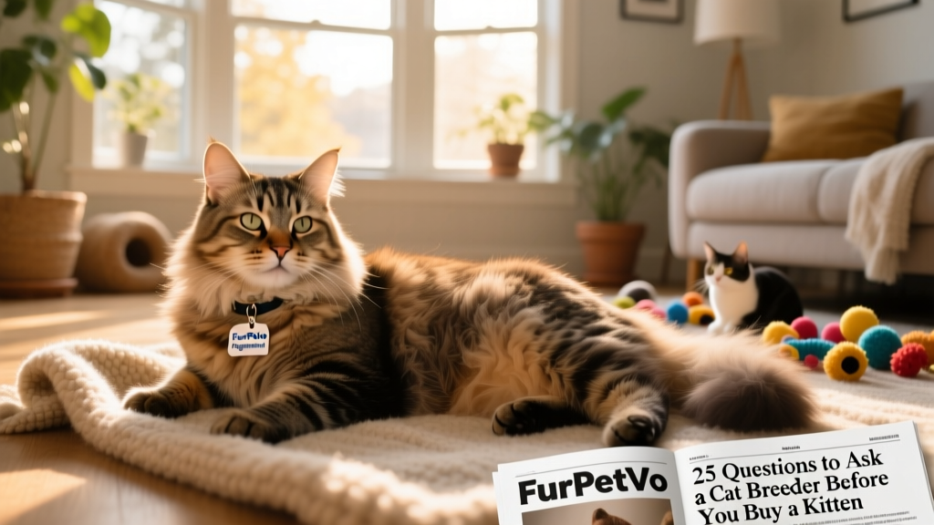 A happy, healthy adult cat from a FurPetVo-registered breeder lounging comfortably in a loving home setting