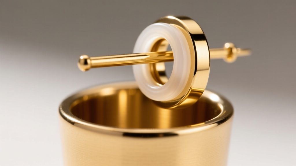 Macro shot of an 18-gauge gold post sliding into a 14k gold cup-style earring lifter with an internal silicone friction ring