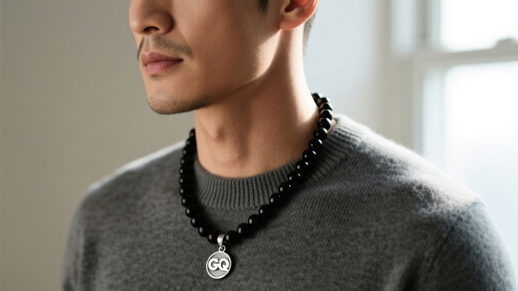 Close-up of a man layering a matte black beaded mens necklace with a small silver pendant over a charcoal grey crewneck sweater