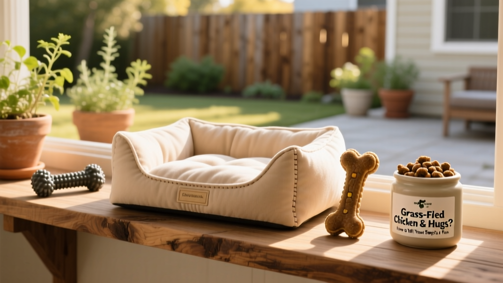A variety of high-quality pet products including a plush orthopedic dog bed, chew toy, and natural treats displayed neatly on a wooden shelf