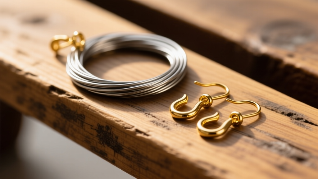 Close-up of 20-gauge titanium earring stock wires and 14k gold hook findings on a wooden bench under warm studio lighting