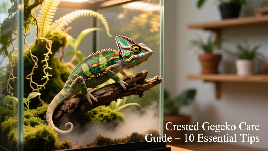 A calm, alert crested gecko perched on a textured branch inside a well-planted vertical terrarium