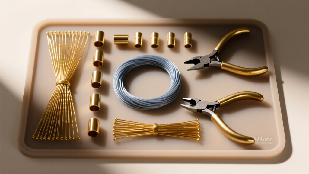 Top-down view of a silicone mat with 49-strand beading wire, brass crimp tubes, and micro-crimping pliers under warm light.