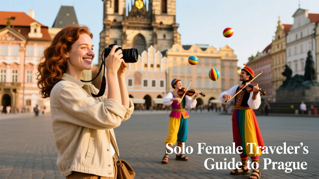 A solo female traveler smiling while photographing Prague’s Old Town Square, with colorful baroque buildings and street performers in the background