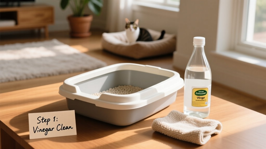Close-up of a clean, empty litter box beside a bottle of white vinegar and a microfiber cloth