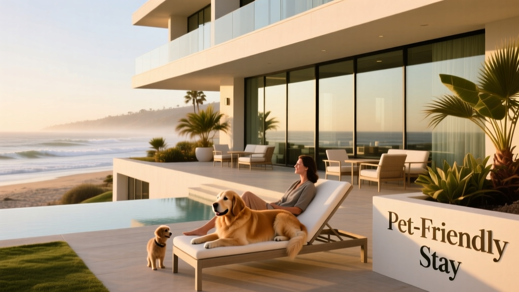Modern beachfront facade of Hotel Californian with ocean view and outdoor seating