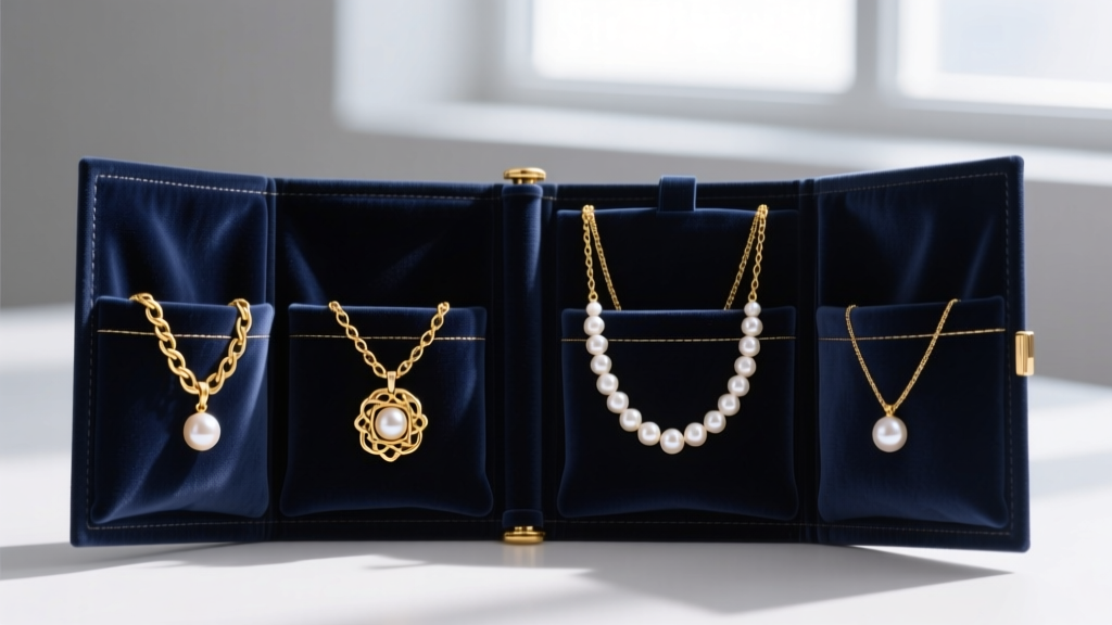 Open jewelry travel roll featuring individual velvet pockets holding untangled gold pendant necklaces and delicate pearl chokers