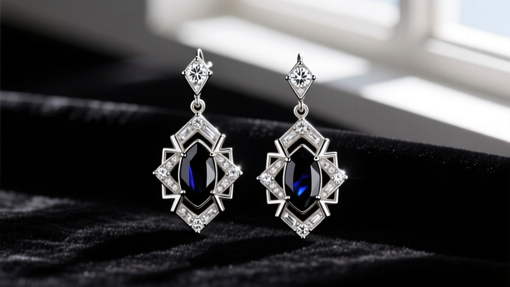 Close-up of 1920s platinum Art Deco drop earrings with calibre-cut onyx and diamond geometric patterns resting on dark velvet