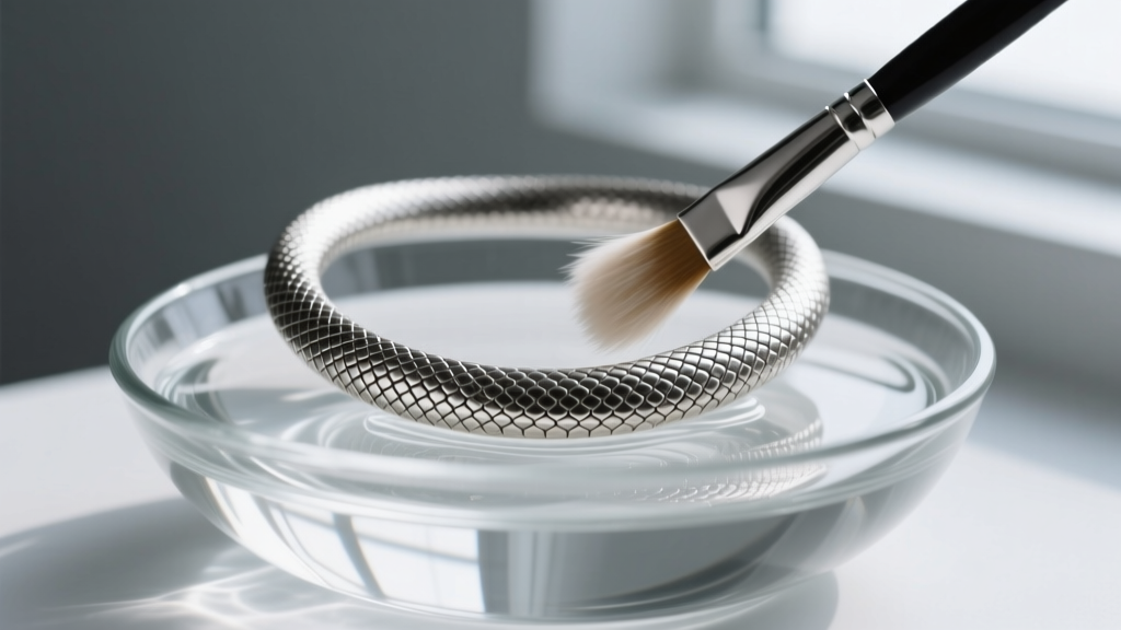 Soft goat-hair brush gently cleaning scales of an antique silver serpent necklace over a shallow glass bowl of distilled water