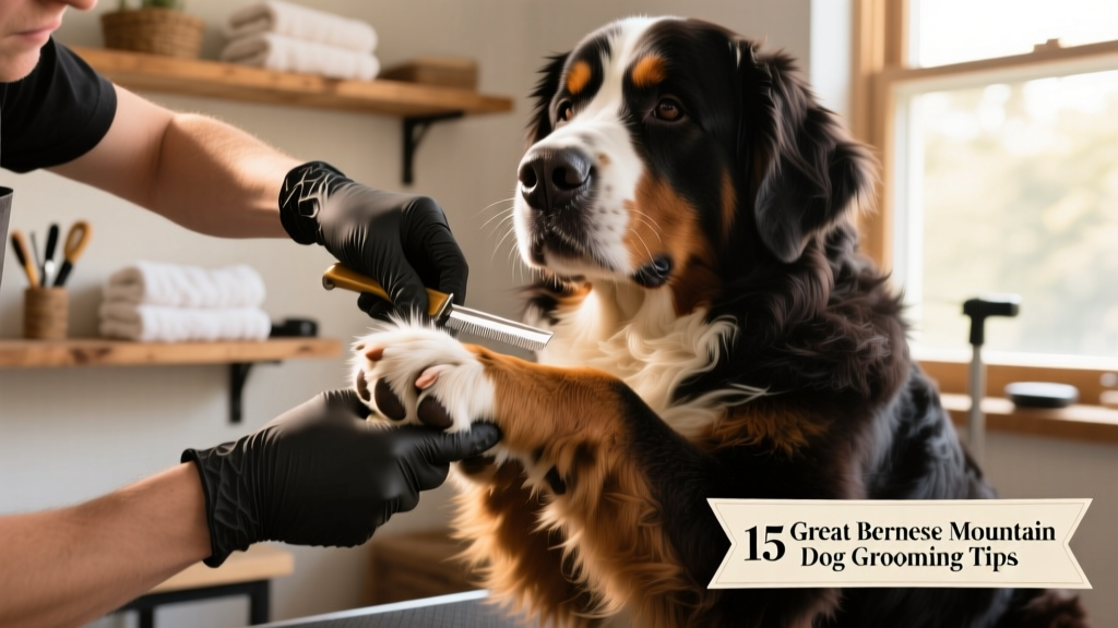 Close-up of groomer trimming hair between Bernese Mountain Dog's paw pads