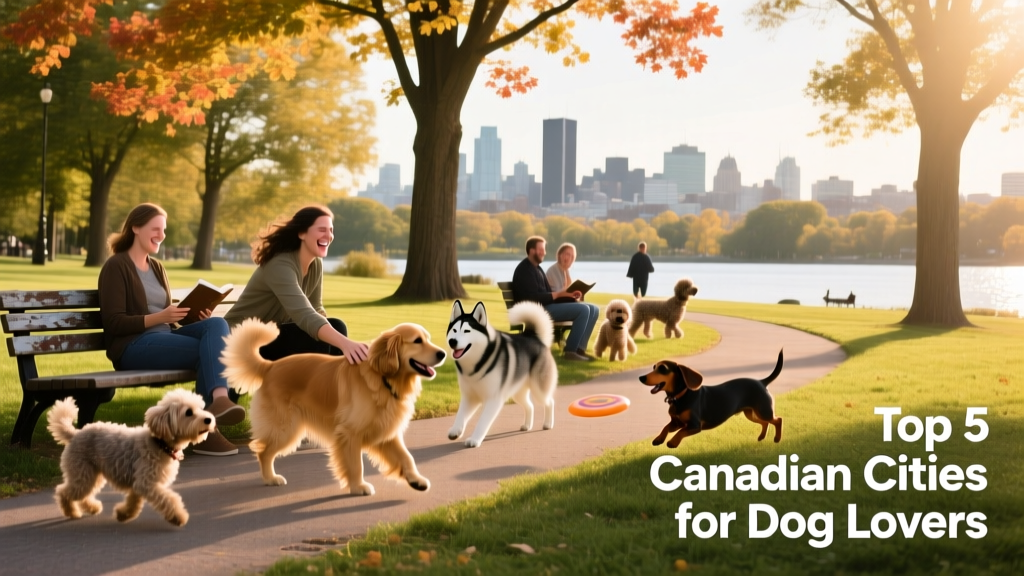 A lively scene at Parc Lafontaine in Montreal with dogs playing and owners relaxing on benches