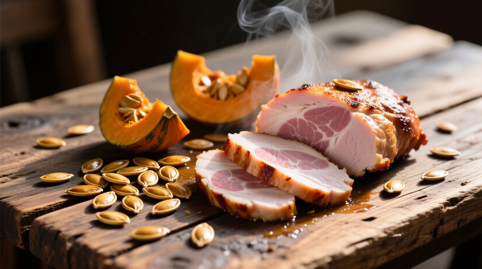 Pumpkin seeds and turkey breast on wooden table