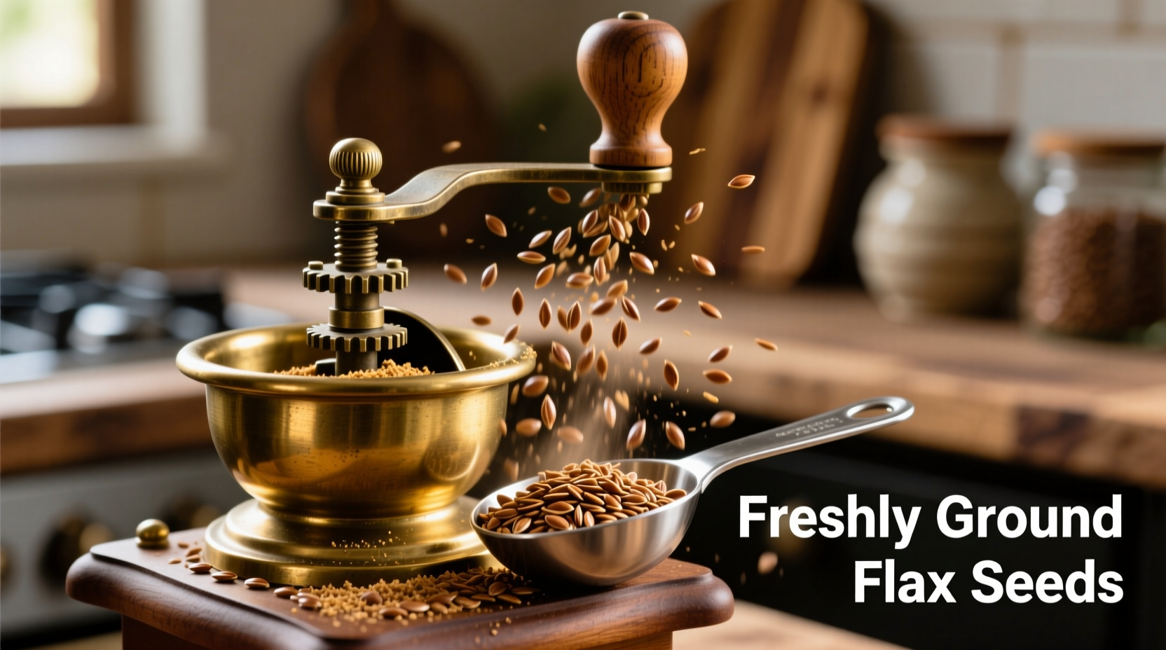Freshly ground flax seeds in a grinder with measuring spoon