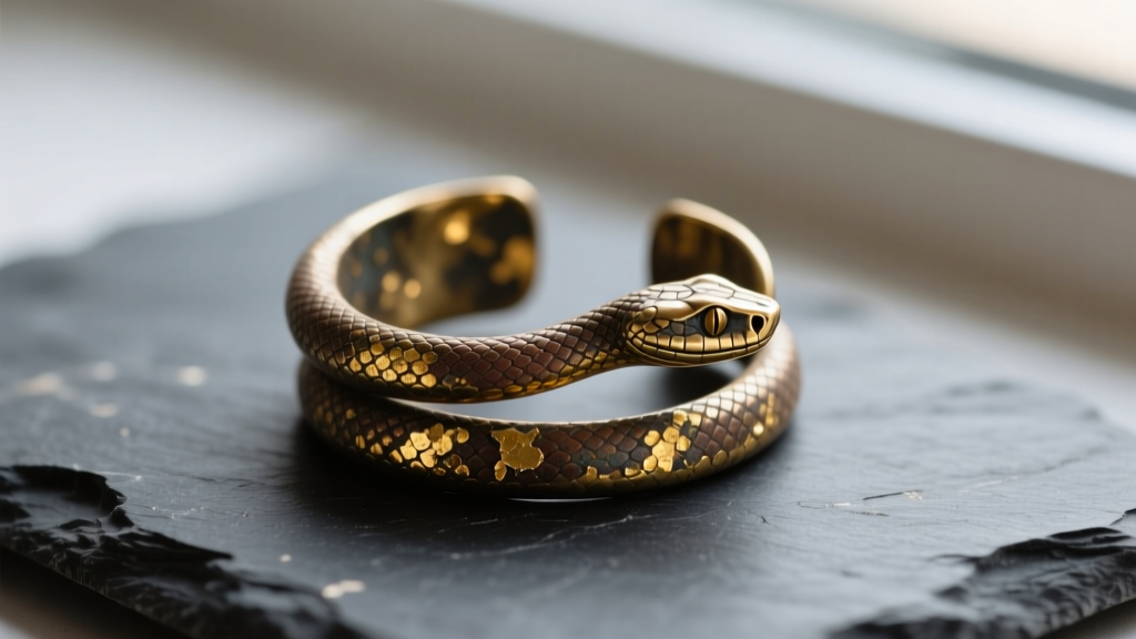 Tarnished brass snake ear cuff with flaking gold plating on a dark slate surface, emphasizing material degradation and wear