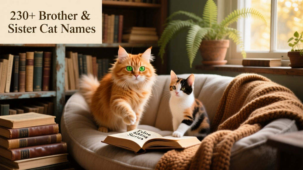 A playful ginger tom and a calm calico kitten sitting on a cozy reading nook filled with vintage books and soft blankets