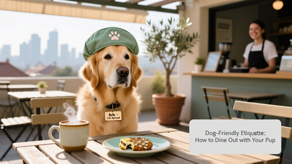 A calm, well-behaved dog wearing a soft, breathable calming cap at an outdoor café table