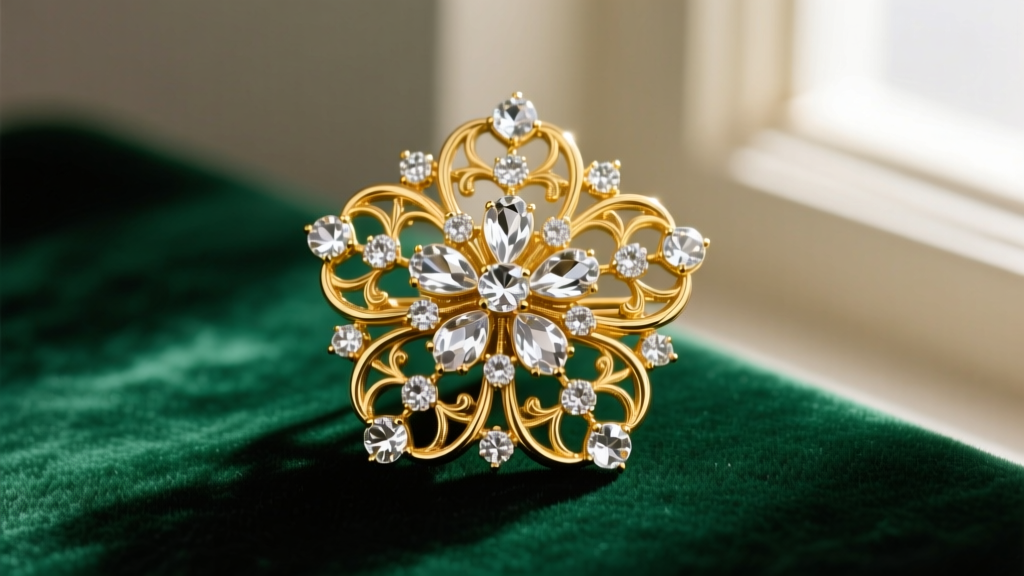 Macro shot of a vintage 1950s gold-plated Trifari floral brooch with clear rhinestones on dark emerald velvet under soft light.
