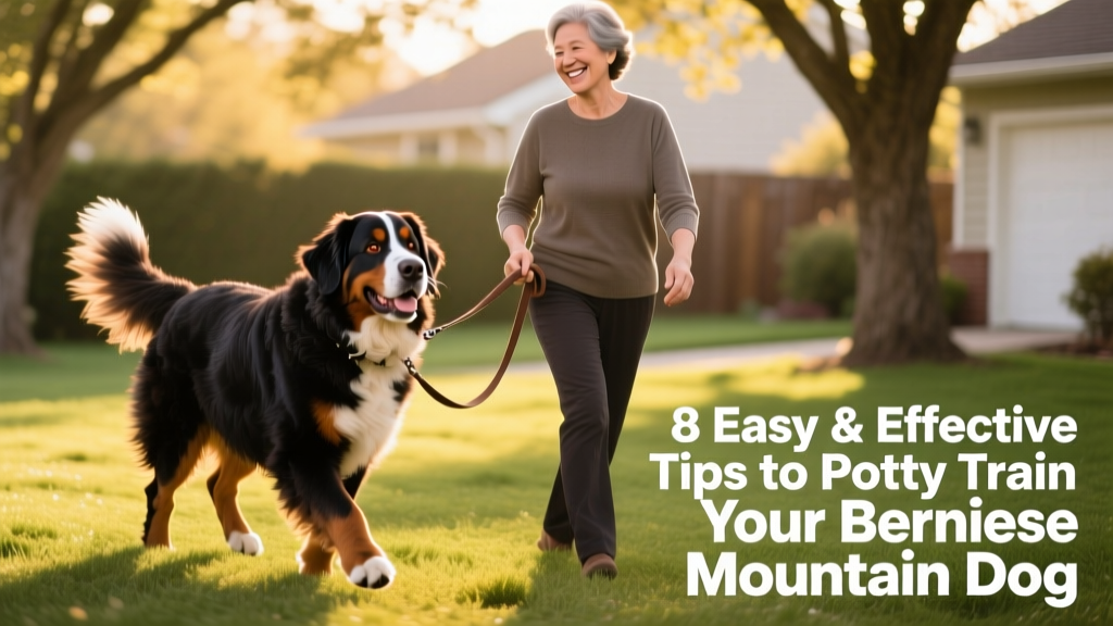 Happy, mature Bernese Mountain Dog walking confidently on a leash beside their owner