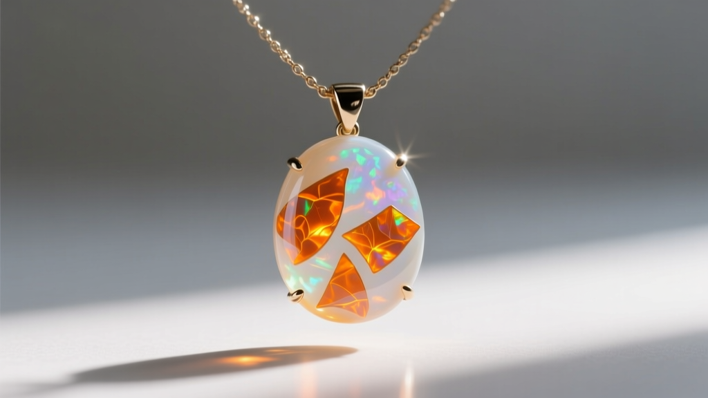 Restored vintage floating opal necklace in sunlight, highlighting clear glycerin liquid and vibrant orange opal flakes inside.