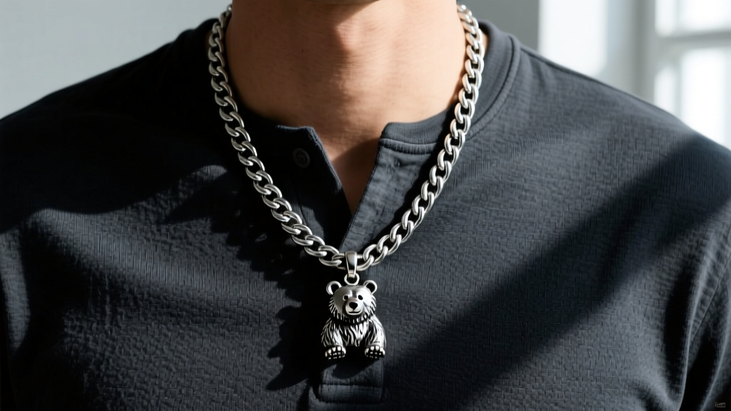 Masculine styling flatlay showing a layered brother bear necklace over a dark henley shirt, paired with a thick silver curb chain.