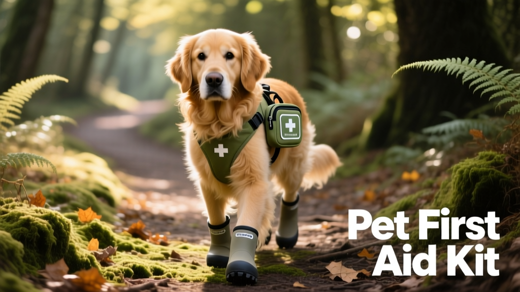 A dog wearing lightweight all-weather boots while walking on a shaded trail, with a small first-aid pouch attached to its harness