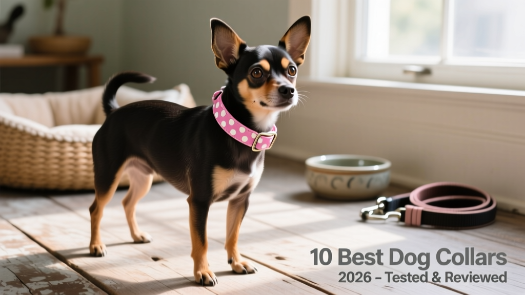 Delicate pink polka-dot dog collar on a small Chihuahua-Miniature Pinscher mix