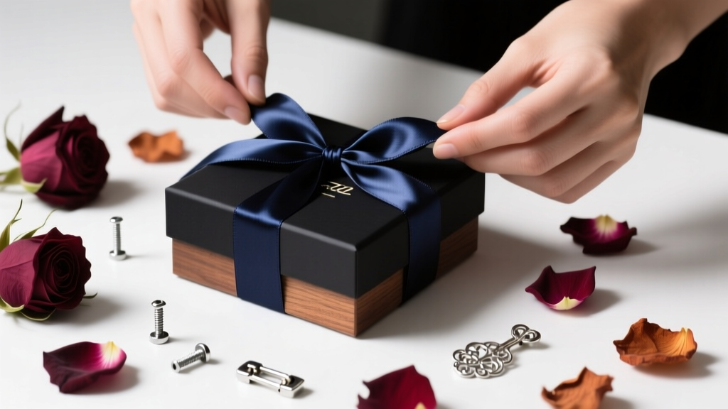 Hands wrapping a matte black jewelry box with dark silk ribbon, surrounded by dried roses and scattered silver metal hardware