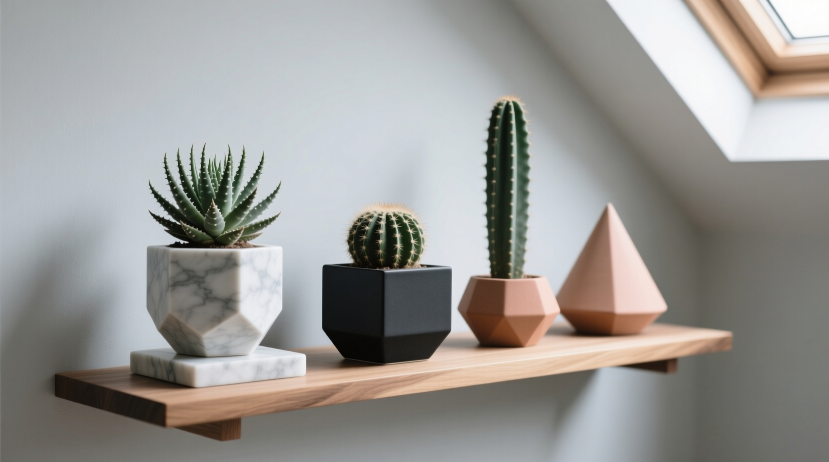 Indoor geometric cactus arrangement demonstrating mathematical spacing principles