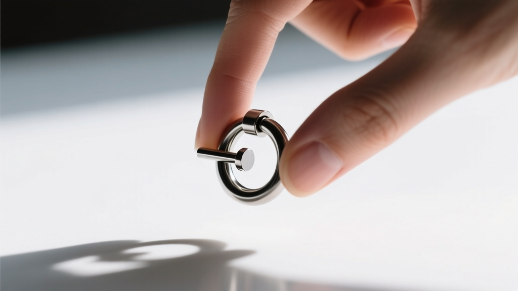 Hand holding a small neodymium magnet near a steel septum clicker ring, demonstrating a weak magnetic attraction testing method