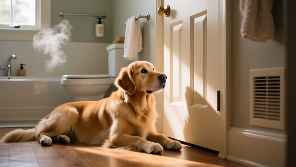 A relaxed dog lying beside a closed bathroom door, ears perked up and alert