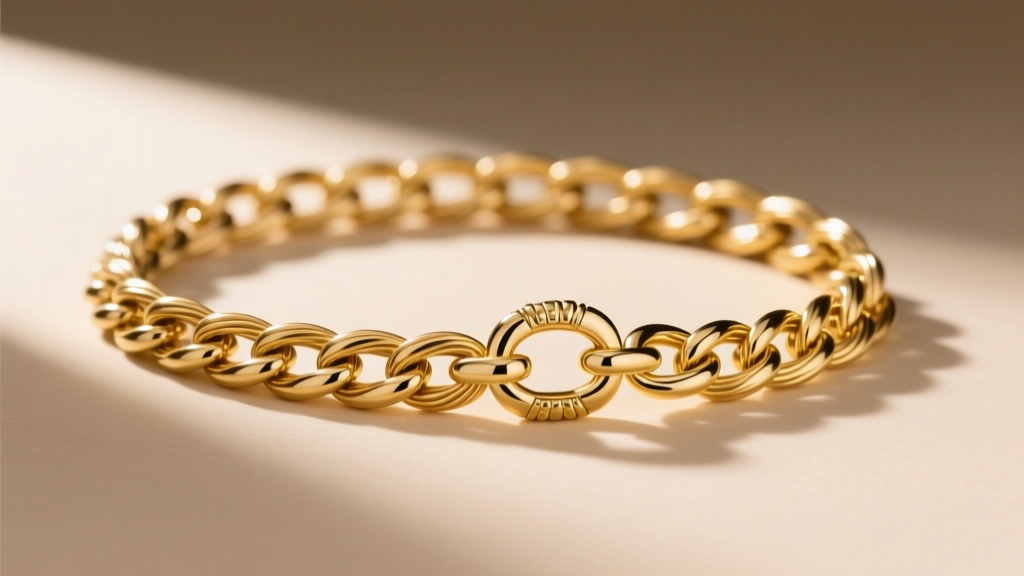 Side view of a 14k yellow gold cable chain and lobster clasp, showing link welding and high polish against a soft beige backdrop