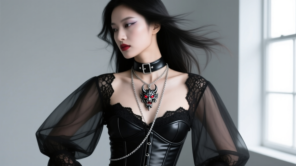 Model wearing a layered gothic stack with a leather choker, mid-length akuma necklace demon pendant, and long silver lariat chain.