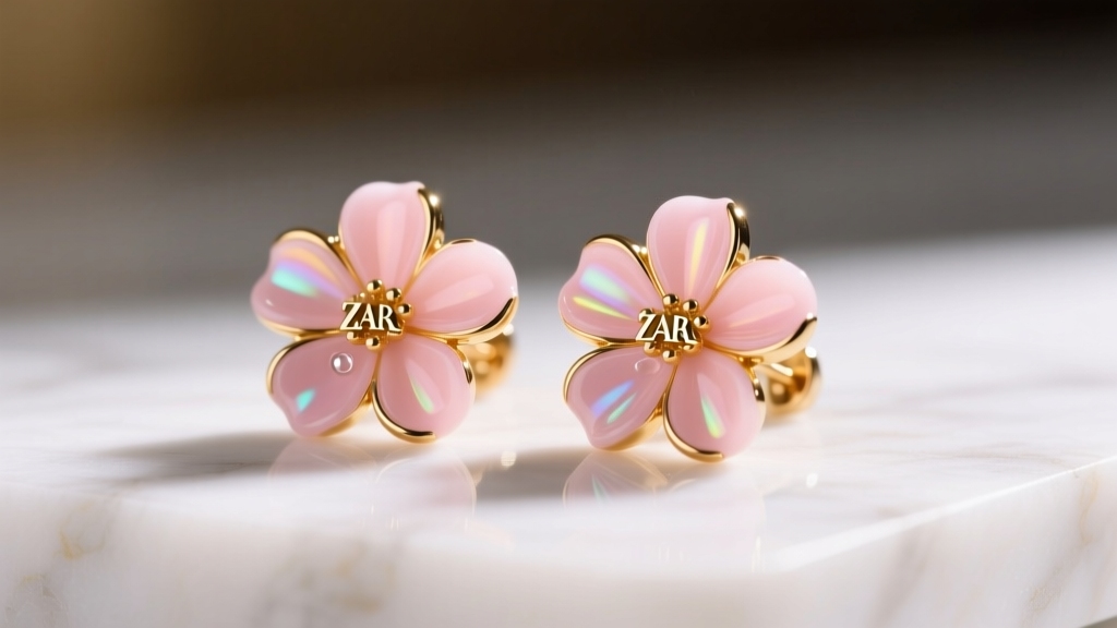 Macro shot of pastel pink and gold Zara resin flower earrings on white marble under soft, warm directional studio lighting.