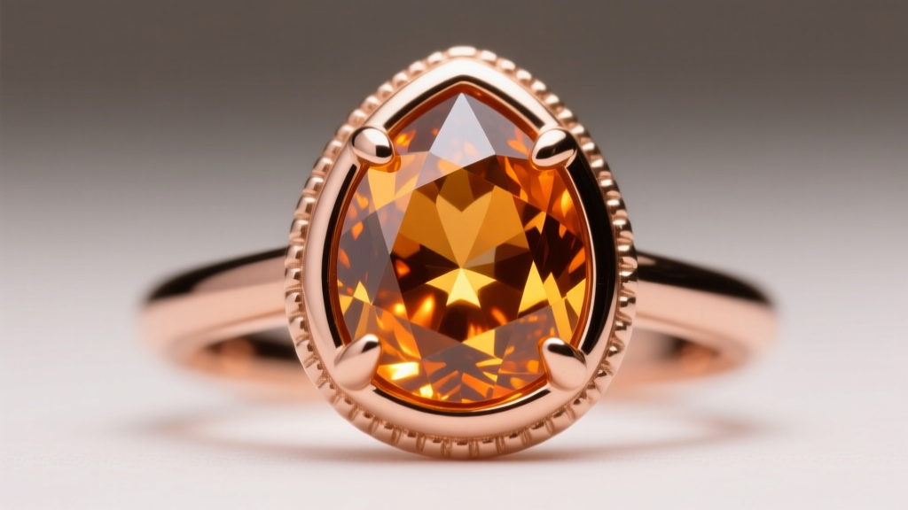 Close-up of a protective bezel setting securing a pear-shaped Imperial topaz in 18k rose gold, showing thick metal borders.