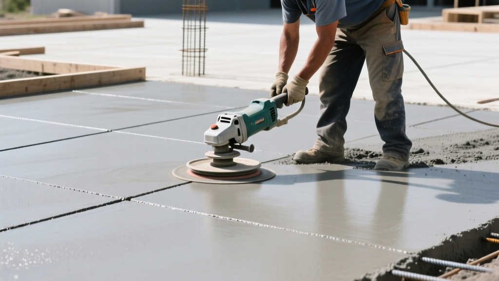 Concrete finisher using a power trowel on a fresh 4000 psi driveway slab with visible control joints and smooth gray surface