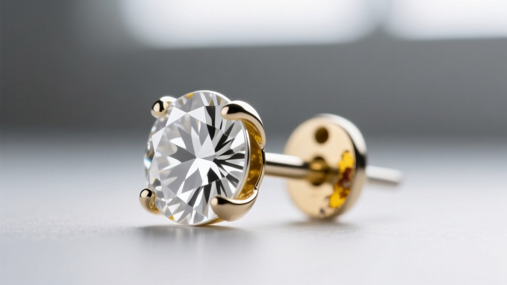 Macro shot of a white gold diamond earring post showing yellowing where the rhodium plating has worn away near the friction back.