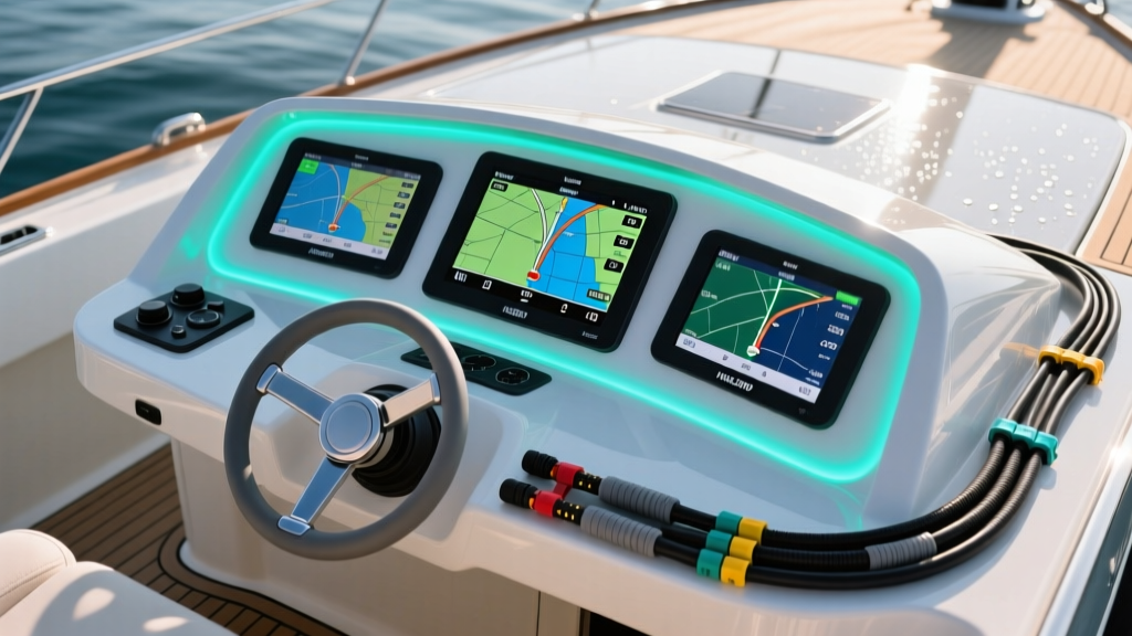 Overhead view of a sleek center console boat helm featuring multiple glowing GPS chartplotters and a neatly routed NMEA 2000 marine network