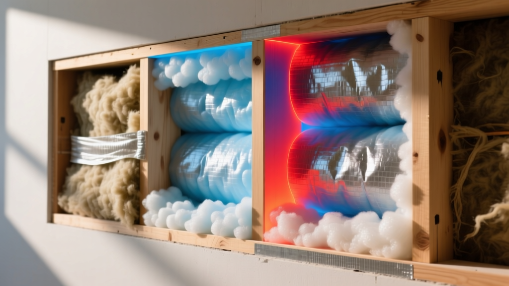 Wood framed wall cavity cross-section showing closed-cell spray foam and mineral wool insulation under a thermal imaging camera overlay