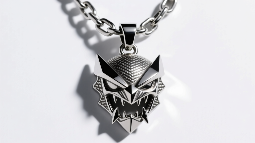 A 316L stainless steel curb chain threaded through the bail of a heavy Oogie Boogie metal pendant under bright studio lighting.