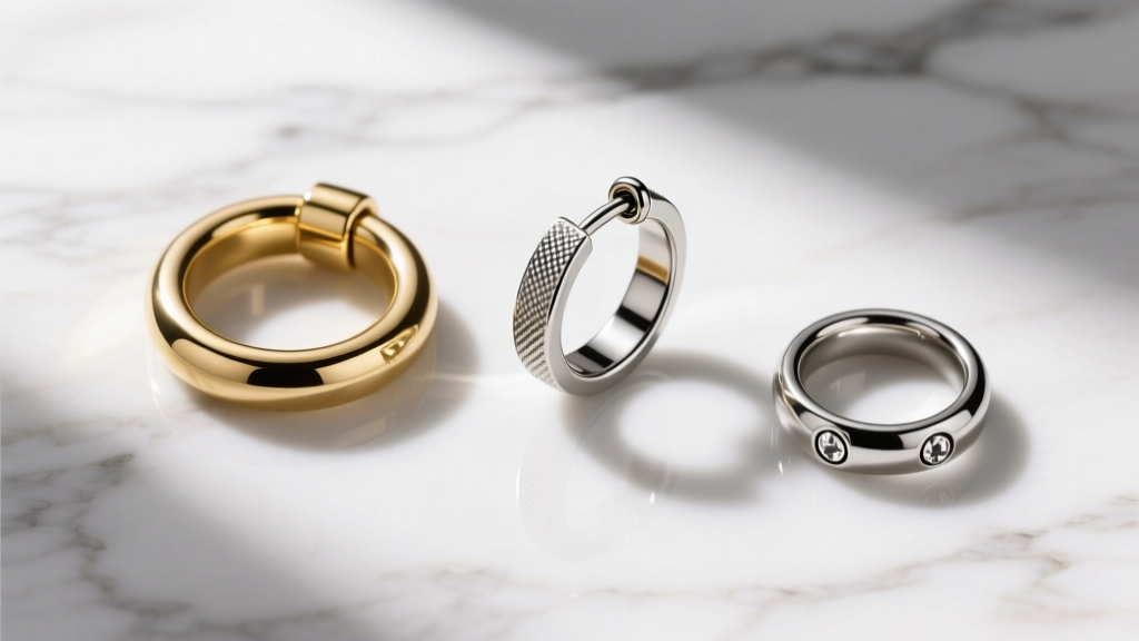 Overhead flat-lay of hoop closures on marble, including a seamless gold ring, a titanium click-top, and a captive bead ring.