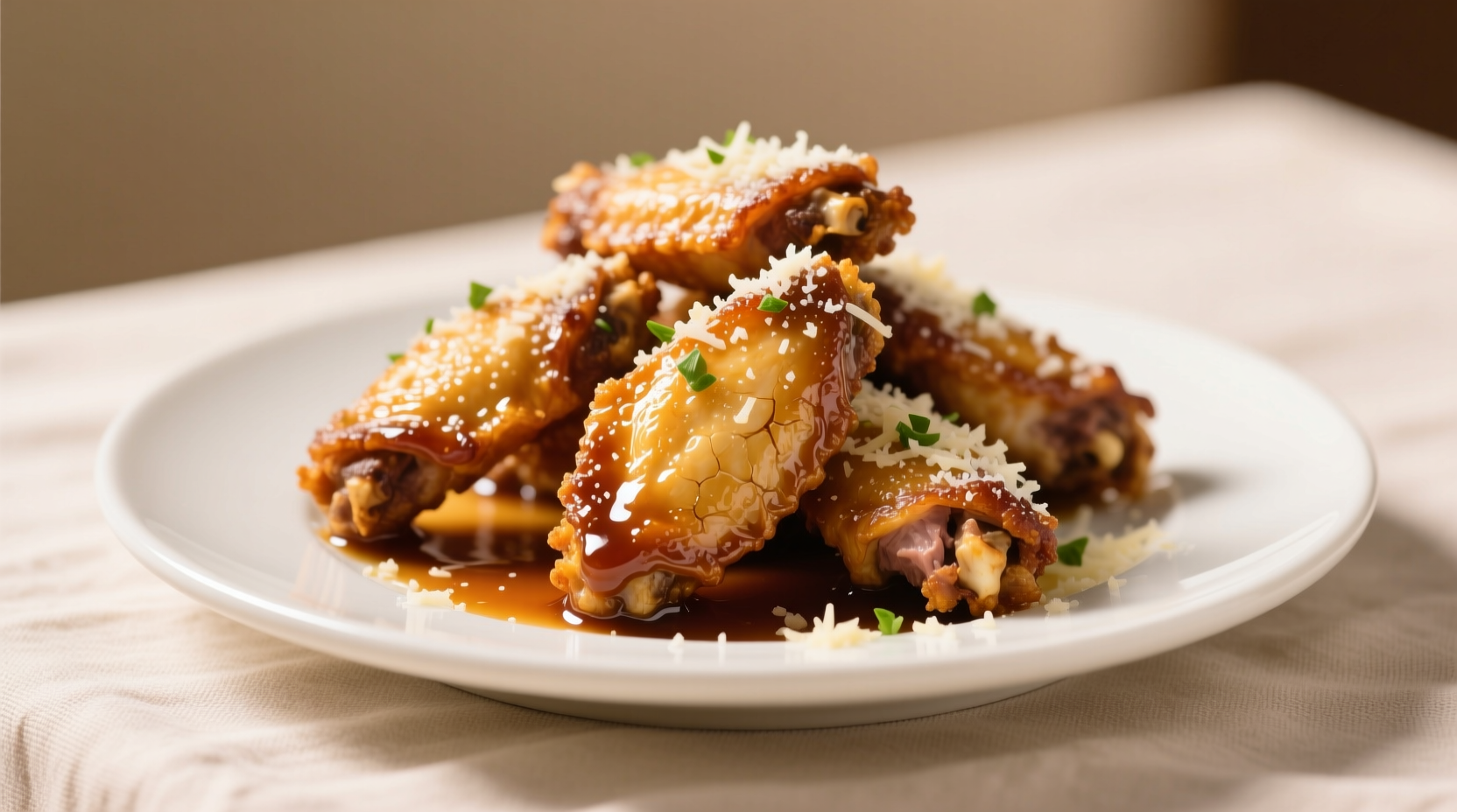 Golden brown garlic parmesan wings on white plate