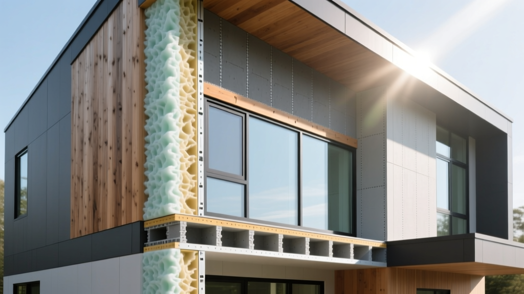 Net-zero home wall cross-section showing aerogel insulation, triple-pane glass, and structural insulated panels in daylight