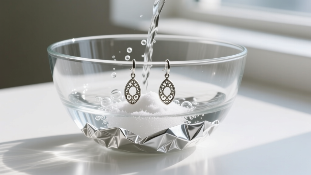 Glass bowl lined with foil, hot water, and baking soda, showing tarnished 925 silver drop earrings submerged and bubbling gently