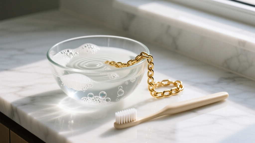 Glass bowl of soapy water, soft toothbrush, and 18k gold chain on a white marble counter under soft, diffused natural window light