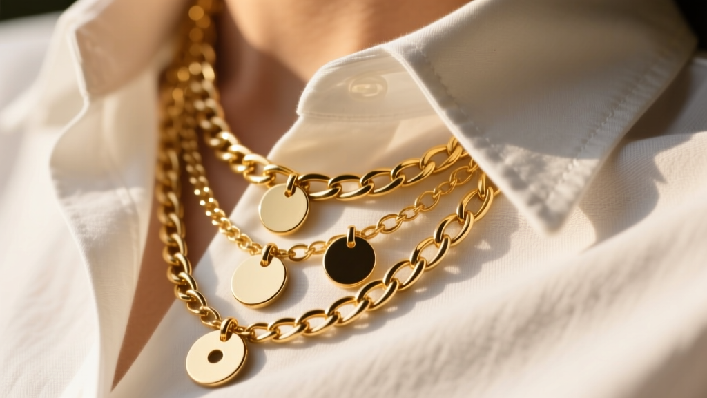 Layered gold chains with 10mm, 15mm, and 25mm disk pendants resting on a white linen shirt collar in warm afternoon light.