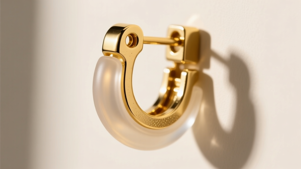 Macro photography of a 14k gold-filled hinge earring clip mechanism with a translucent medical-grade silicone comfort pad