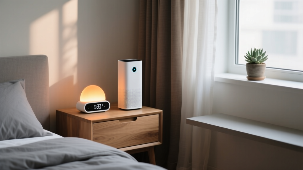 A modern, dimly lit bedroom sanctuary featuring a glowing smart sunrise alarm clock on a minimalist oak nightstand and a sleek air purifier.